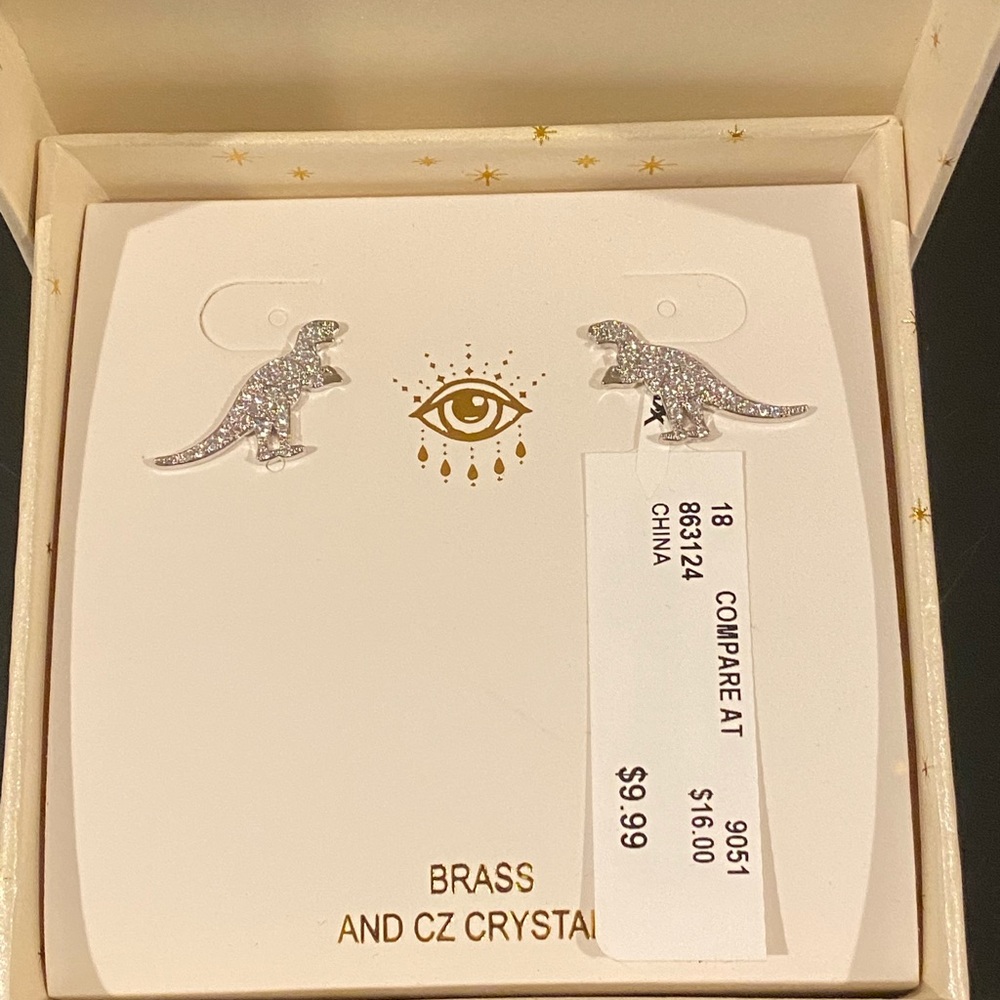Adorable crystal and silver tone T-Rex earrings